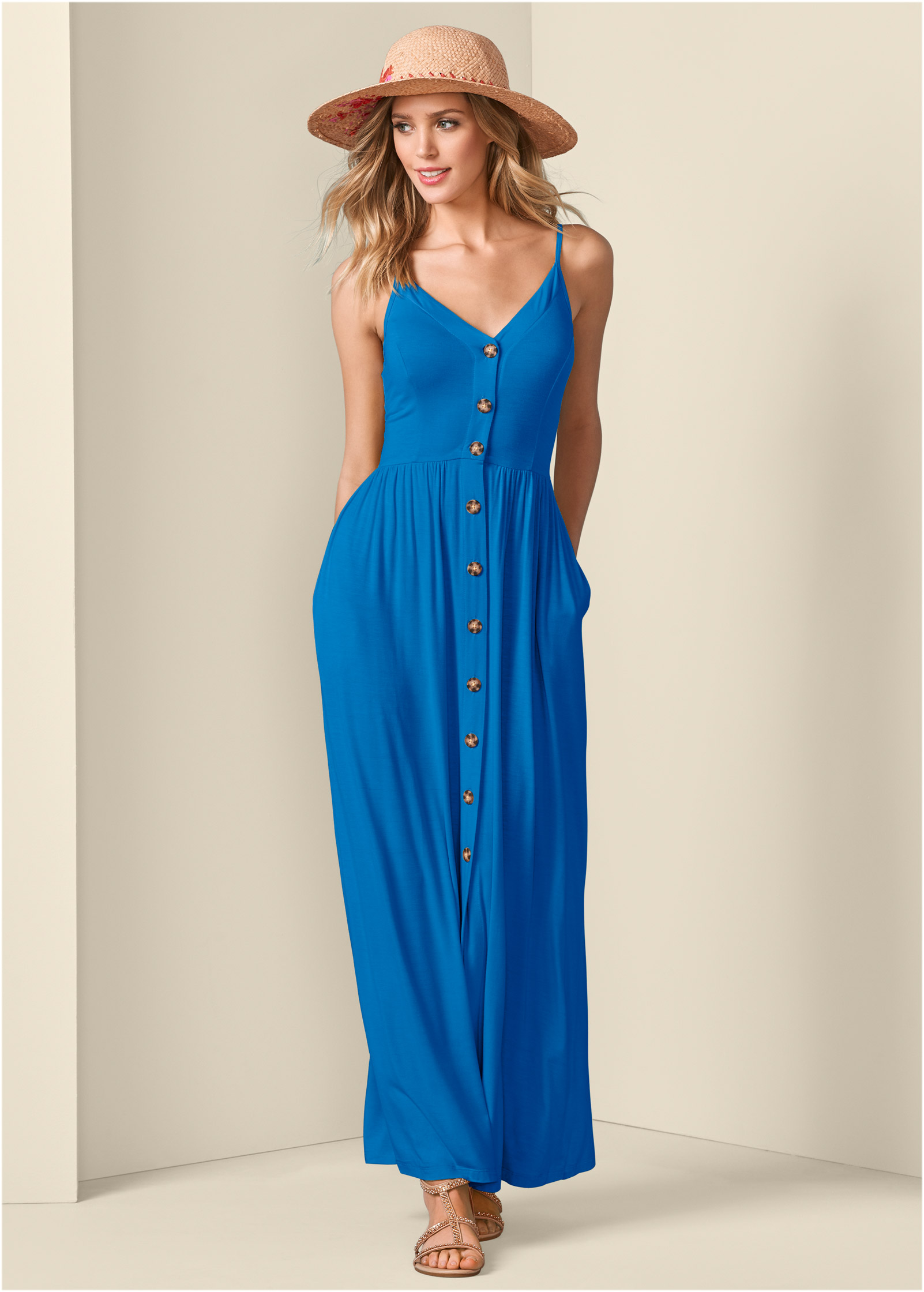 French Blue Button-Front Maxi Dress | VENUS